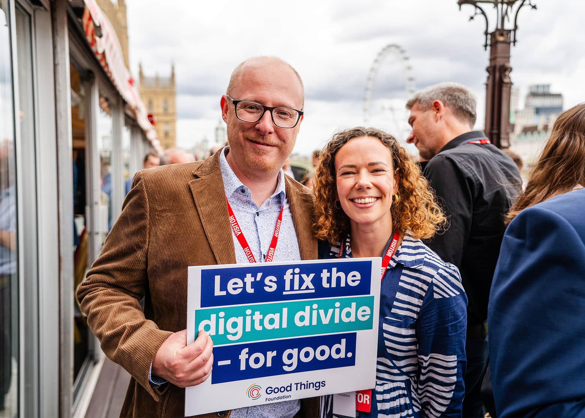 Good Things' partnership manager stands with Vodafone's senior sustainable business manager at our House of Lords' Fix The Digital Divide event.